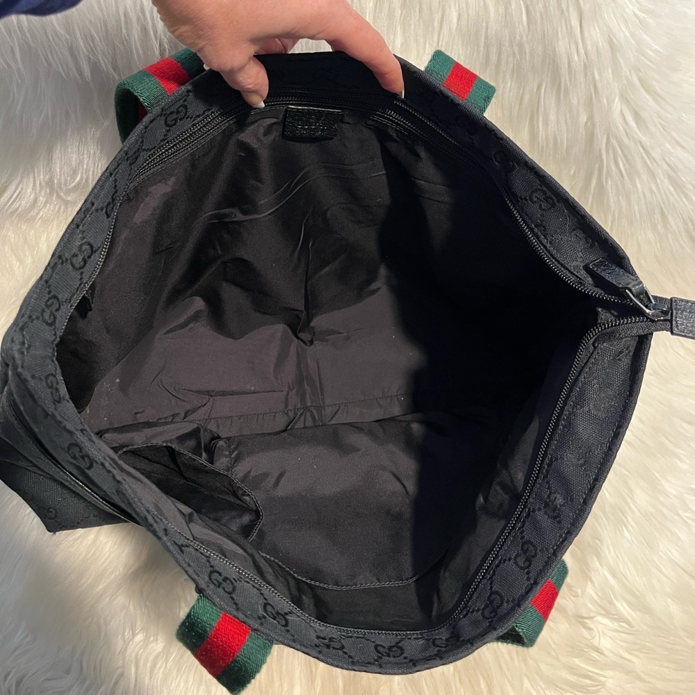 Gucci Black Tote with Signature Red and Green Stripe Handles - Picture 7 of 13